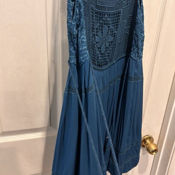 FREE PEOPLE Womens Lace Teal Blue Emily Mini Dress Large Beachy Boho Festival - Picture 7 of 11